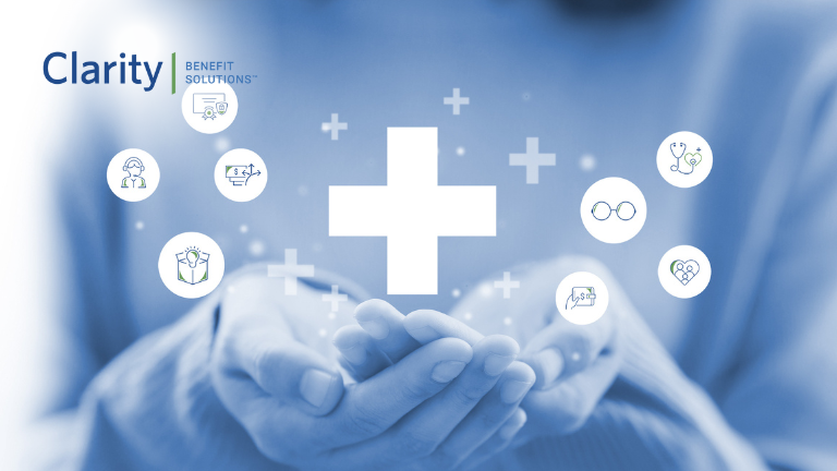 The Future of Employee Benefits: What Employers Need to Know in 2024. Hands open in front of a person holding different benefit icons.